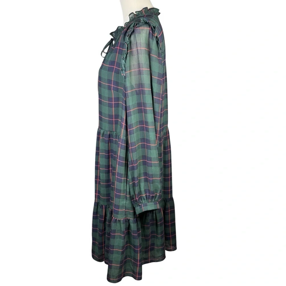 J.Crew Tartan Plaid Tiered Dress XL Green Blue Ruffle Tie Neck Long Sleeve